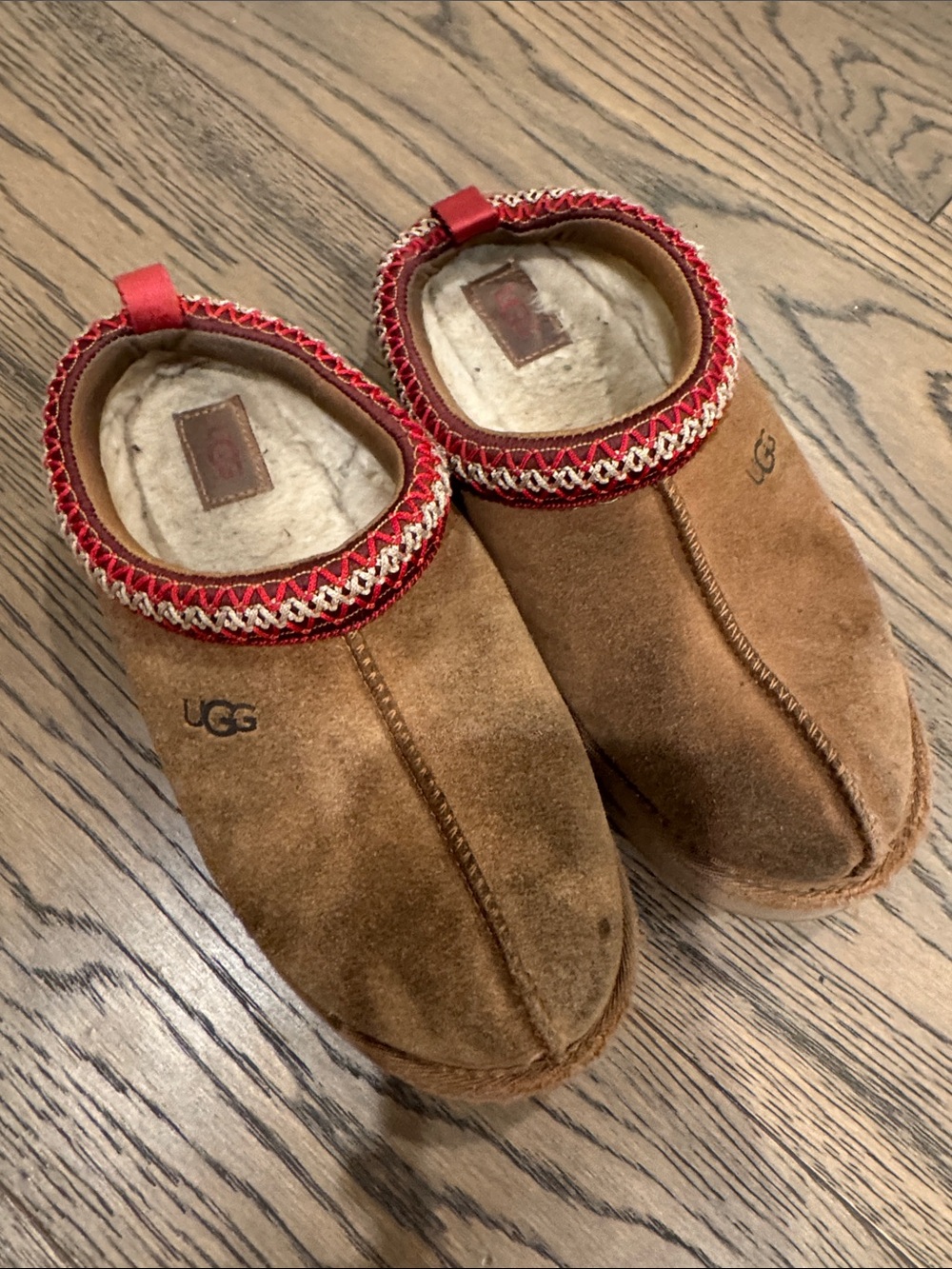 UGG Kids Chestnut Suede Slip-On Slippers with Red Trim